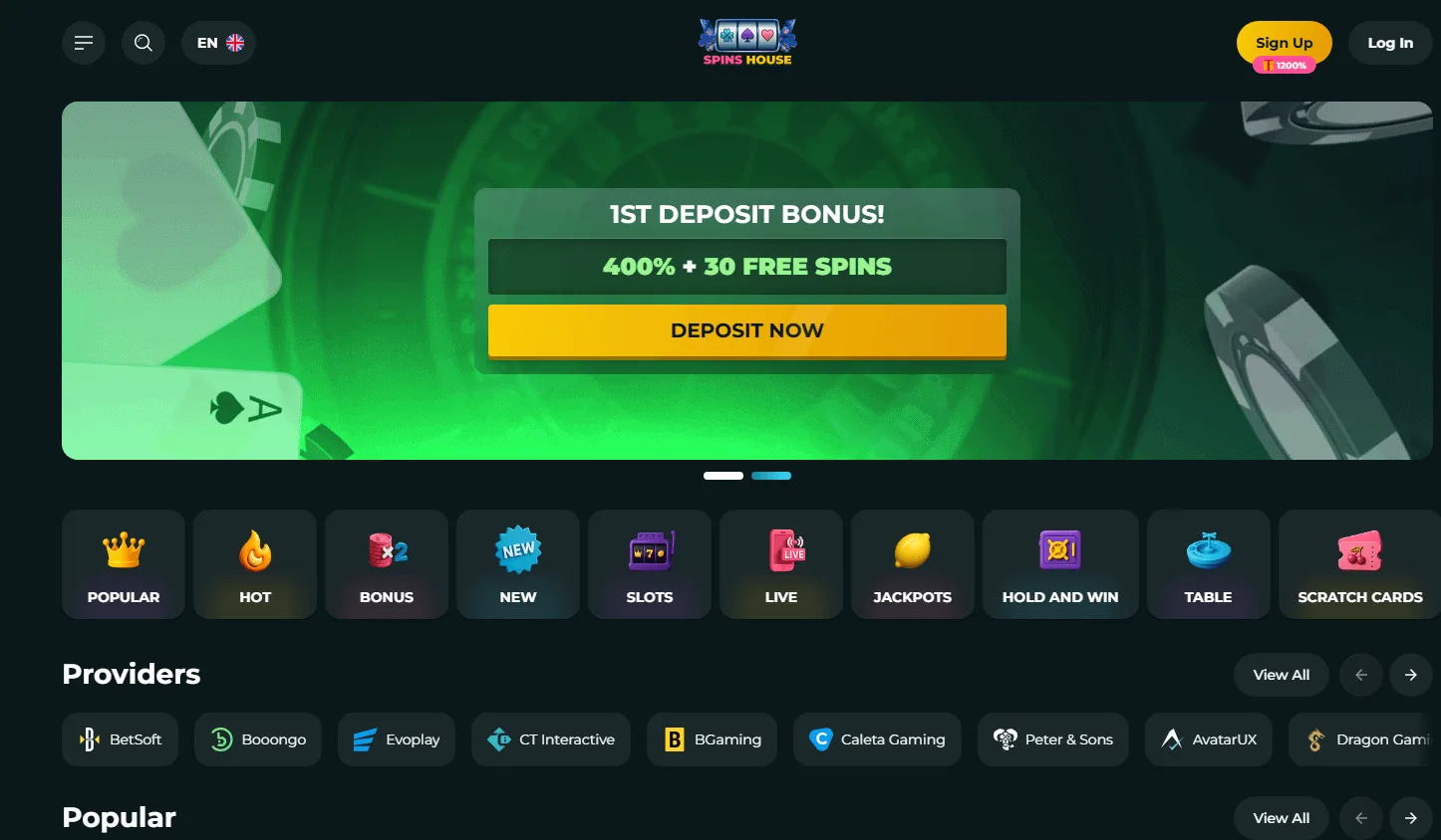 Spins House Casino desktop home page