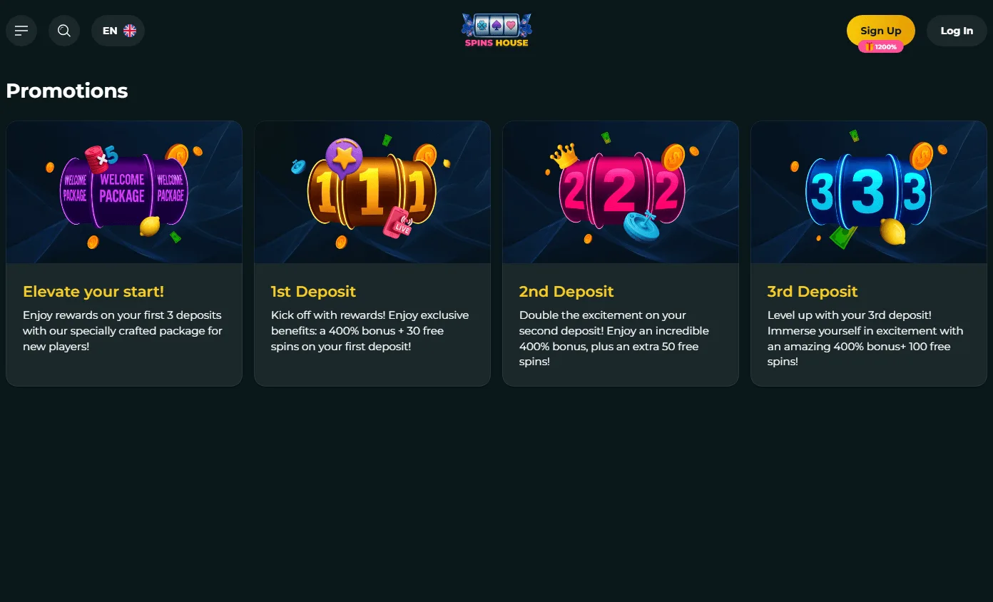 Spins House Casino desktop promotions area