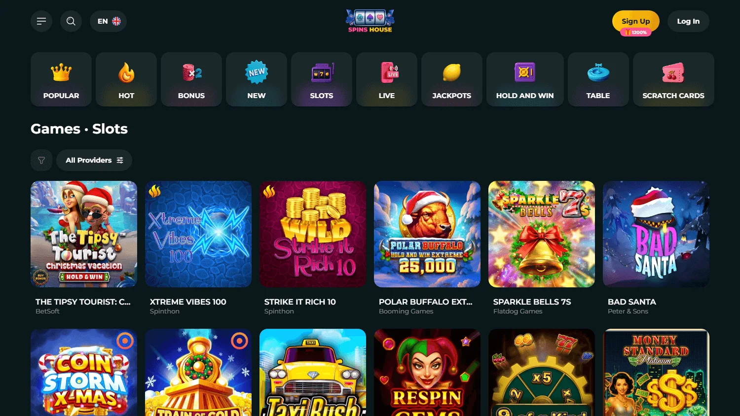 Spins House Casino desktop game catalogue