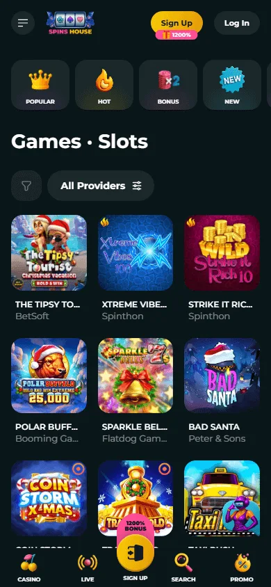 Spins House Casino mobile game catalogue