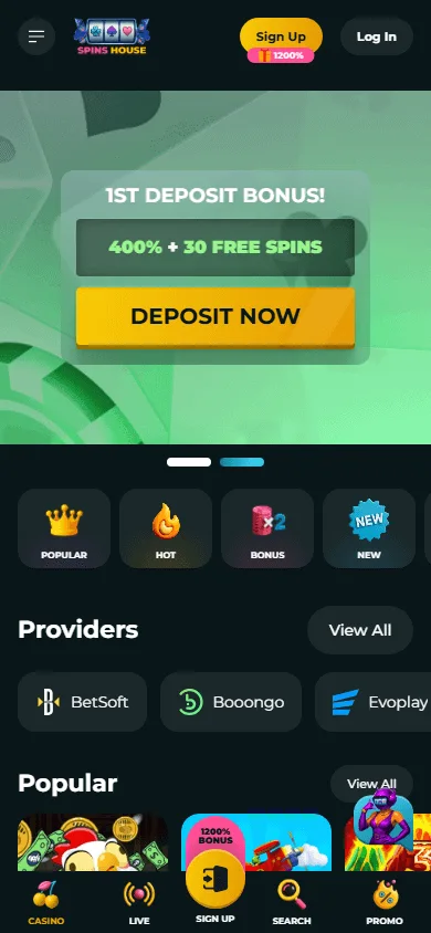 Spins House Casino mobile home page on a smartphone