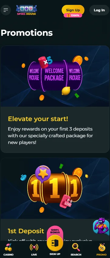 Spins House Casino mobile promotions area